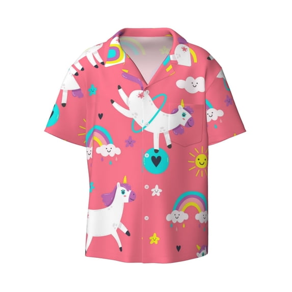 Balery Yoga Unicorn Men's Casual Button Down Shirt Short Sleeve Textured Summer Cuban Beach Shirts-Medium