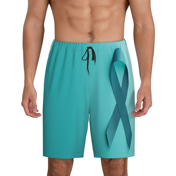 Balery a Teal Ribbonin Pattern Men's Cotton Knit Pajama Shorts Waistband & Pockets,Short Pajama Pants-Small