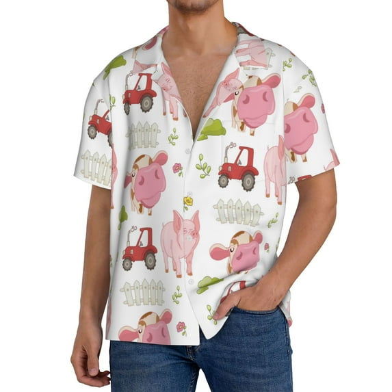Balery a cow and a pig Pattern Men's Casual Button Down Shirt Short Sleeve Textured Summer Cuban Beach Shirts-Large