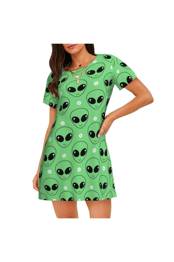 alien cartoons Pattern Womens Short Sleeve Sleepshirt Scoopneck Cute Nightdress Comfy Nightgown Loungewear Dress