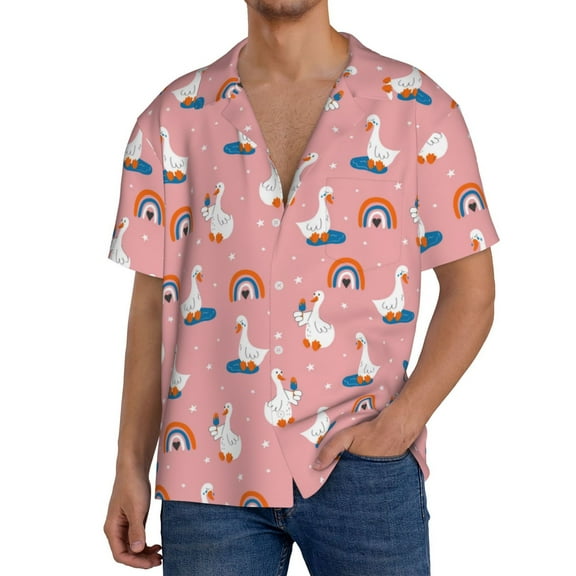 Balery cartoon goose rainbow Pattern Men's Casual Button Down Shirt Short Sleeve Textured Summer Cuban Beach Shirts-Large