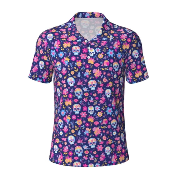 Balery colorful Skull butterfly flower1 Printed Men’s Short Sleeve Polo Shirt, Midweight Men's Shirt,Golf Polo shirts -3X-Large