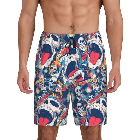 Balery cool rock Skull Men's Cotton Knit Pajama Shorts Waistband & Pockets,Short Pajama Pants-Small