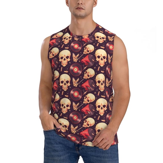 Balery cool rock Skull record Men's Sleeveless Muscle Shirts Workout Tank Top, Moisture Wicking, Odor Protection-Large