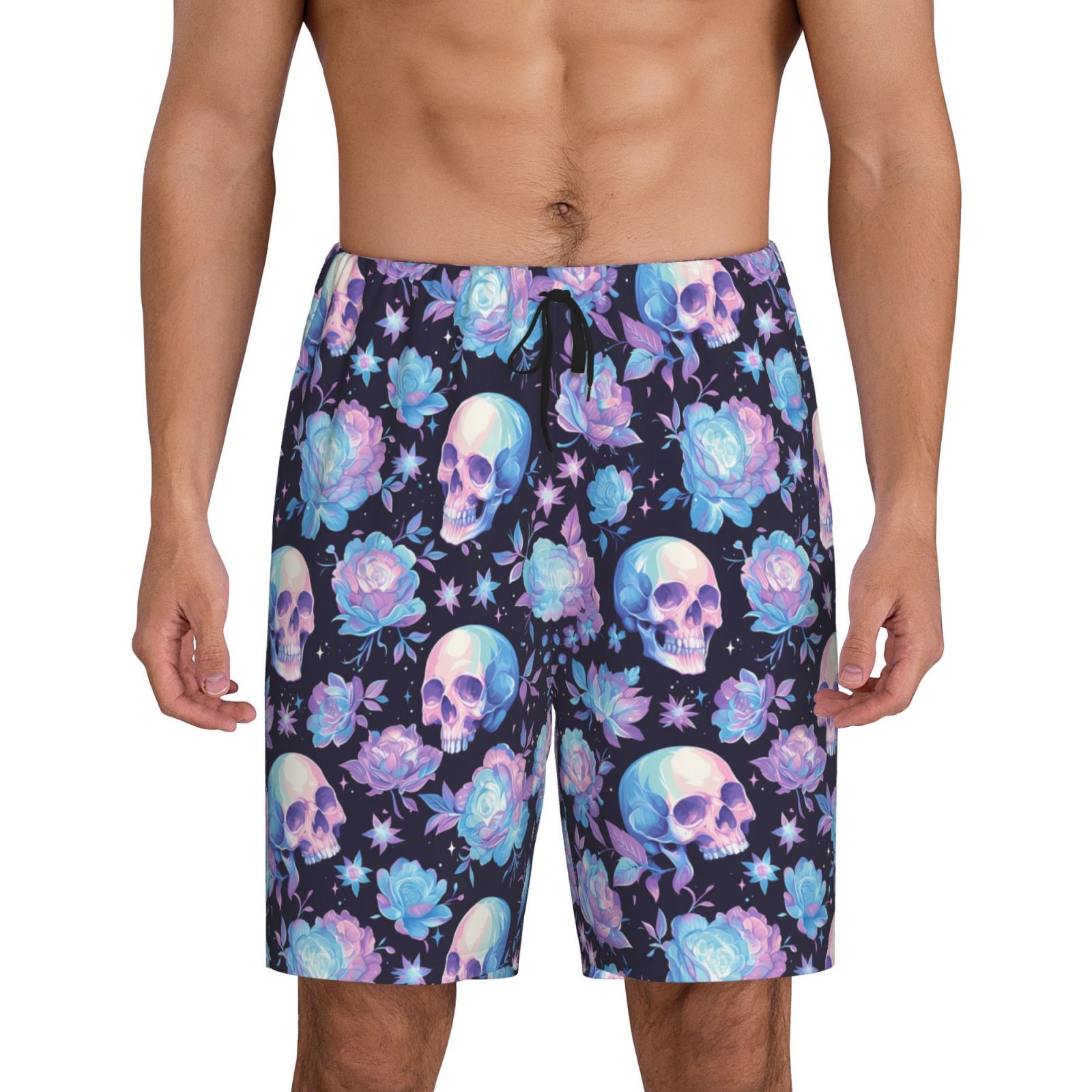 Balery flower Skull in starry sky Men's Cotton Knit Pajama Shorts