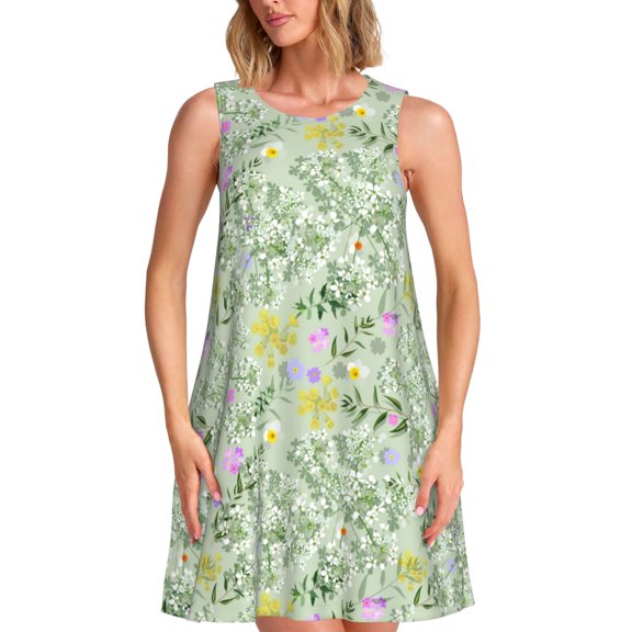 Balery flower and leaf Pattern Women’s Summer Dresses – Loose Sleeveless Sundress, Casual and Comfortable Beach Dress for Hot Days