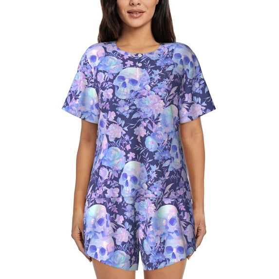 Balery flower crystal Skull Pattern Womens Pajama Sets 2 Piece Soft Short Sleeve Top and Shorts Sleepwear Round Neck Pjs Lounge Set with Pockets-3X-Large