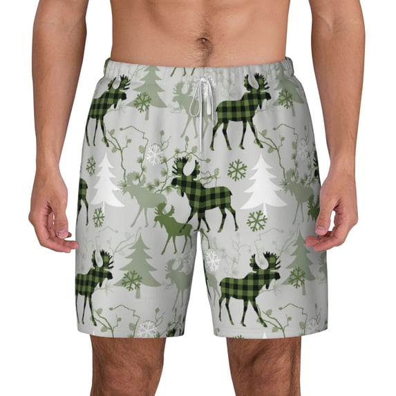 Balery green plaid Moose tree Mens Swim Trunks Swim Shorts for Men Quick Dry Inseam Beach Shorts with Compression Liner Pocket-3X-Large