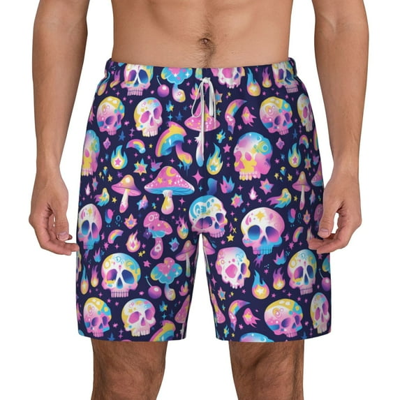 Balery mushroom colorful Skull star Mens Swim Trunks Swim Shorts for Men Quick Dry Inseam Beach Shorts with Compression Liner Pocket-X-Large