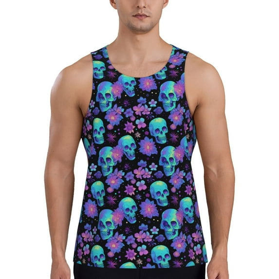 Balery purple flower blue Skull Pattern Men's Workout Tank Top Gym Muscle Tee Fitness Bodybuilding Sleeveless T Shirt Quick Dry Fit Muscle Tank Top Slim-Fit Tank-XX-Large