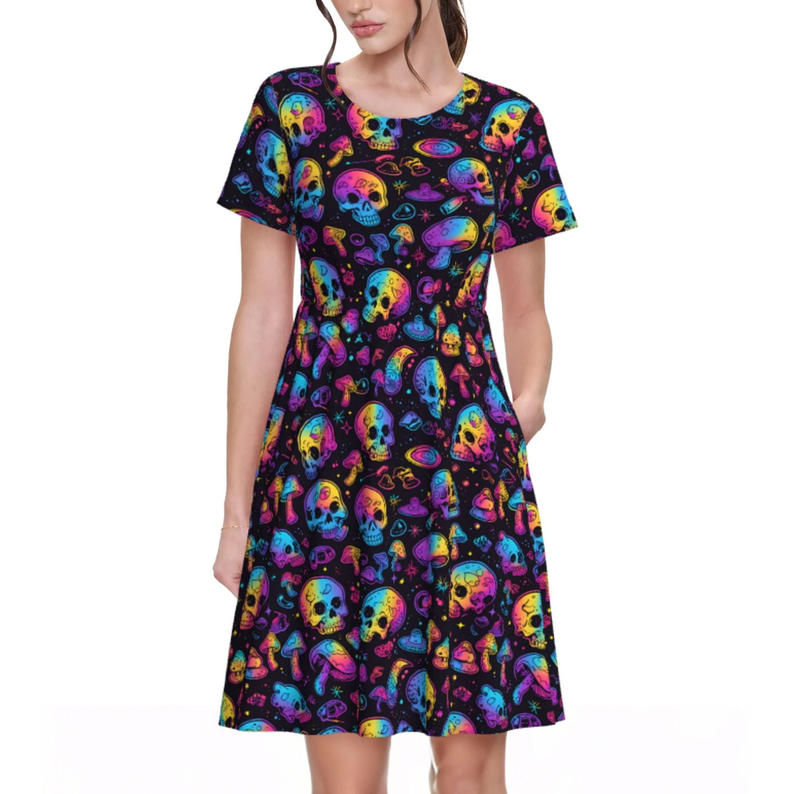 Balery rainbow color Skull mushroom Pattern Womens Dresses Loose Short ...