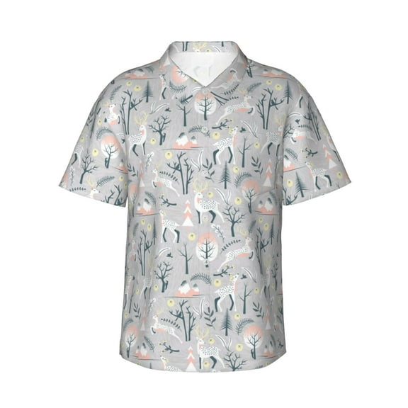 Balery white Moose winter tree Print Men's Hawaiian Shirts Short Sleeve Beach Shirt Relaxed Fit Vacation Button Down Shirts-Small
