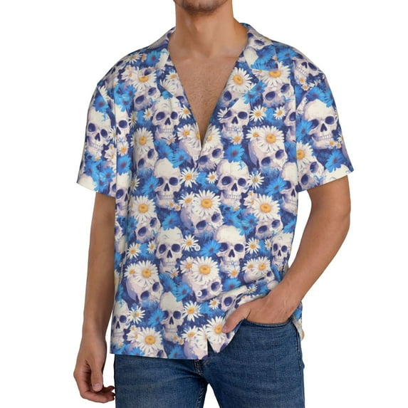 Balery white Skull blue daisy Men's Casual Button Down Shirt Short Sleeve Textured Summer Cuban Beach Shirts-4X-Large