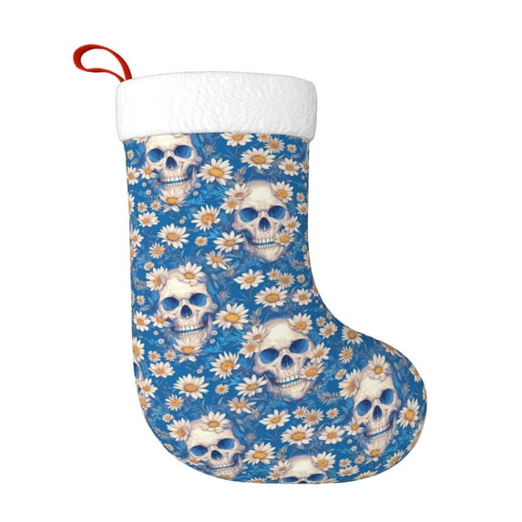 Balery white Skull daisy in water Pattern Christmas Stockings with Initials, 18" Large Knit Christmas Stocking,Xmas Stocking for Kids, Holiday and Family Stocking