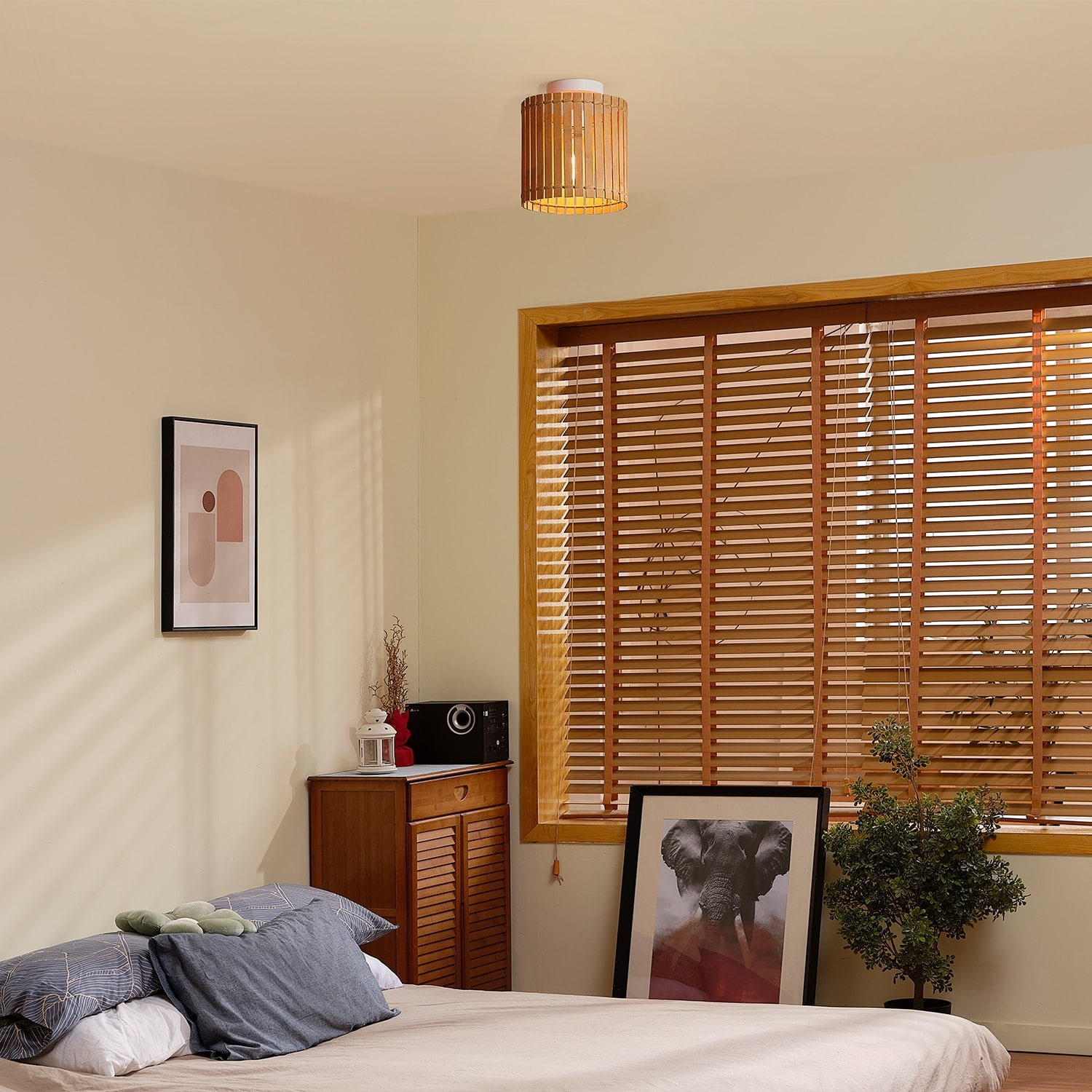 Matte White Flush Mount Ceiling Light with Bamboo Shade