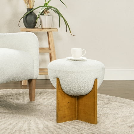 Bali 18.5" Round Upholstered Ottoman with Natural Wood Base Ivory White Boucle