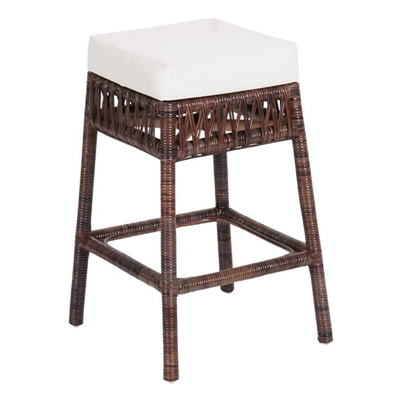 Bali 25.5" Bohemian Basics Rattan Backless Counter Stool, White Cushion with Dark Brown Woven Frame
