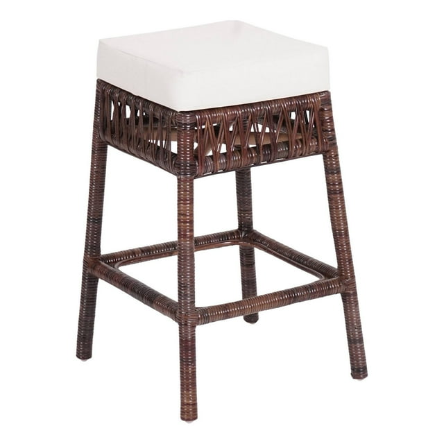 Bali 25.5" Bohemian Basics Rattan Backless Counter Stool, White Cushion with Dark Brown Woven Frame