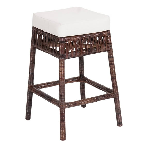 Bali 25.5" Bohemian Basics Rattan Backless Counter Stool, White Cushion with Dark Brown Woven Frame