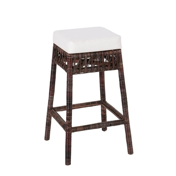 Bali 29.5" Bohemian Basics Rattan Backless Bar Stool, White Cushion with Dark Brown Woven Frame