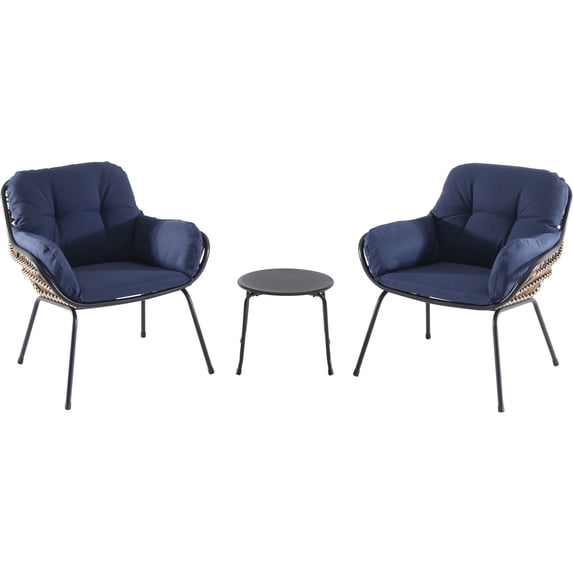 Mōd Furniture Bali 3-Piece Modern Outdoor Chat Set with Hand Woven All-Weather Wicker and Stylish Boho Navy Cushions, BALI3PC-NVY