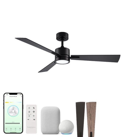 Bali 42in 3-Blade Smart Ceiling Fan 2700K-6000K CCT Tunable Range LED Light Kit in Matte Black with Reversible Black and Weathered Wood Blades Works With iOS or Android App