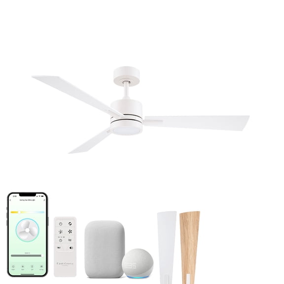 Bali 42in 3-Blade Smart Ceiling Fan 2700K-6000K CCT Tunable Range LED Light Kit in Matte White with Reversible White and Natural Wood Blades Works With iOS or Android App