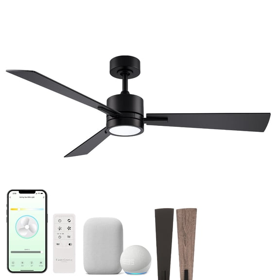 Bali 52in 3-Blade Smart Ceiling Fan 2700K-6000K CCT Tunable Range LED Light Kit in Matte Black with Reversible Black and Weathered Wood Blades Works With iOS or Android App