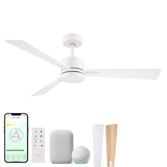 Bali 52in 3-Blade Smart Ceiling Fan 2700K-6000K CCT Tunable Range LED Light Kit in Matte White with Reversible White and Natural Wood Blades Works With iOS or Android App