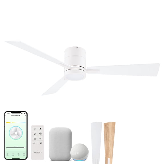 Bali 52in 3-Blade Smart Flush Mount Ceiling Fan 2700K-6000K CCT Tunable Range LED Light Kit in Matte White with Reversible White and Natural Wood Blades Works With iOS or Android App