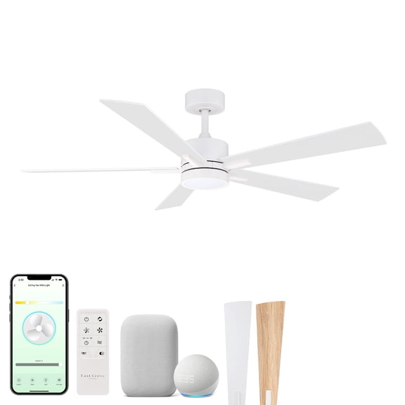 Bali 52in 5-Blade Smart Ceiling Fan 2700K-6000K CCT Tunable Range LED Light Kit in Matte White with Reversible White and Natural Wood Blades Works With iOS or Android App