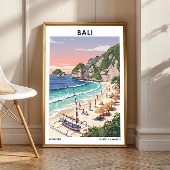 Bali Beach Scene Print: Tropical Coastal Art, Pink & Blue Illustration, Unframed Poster Size 8x12