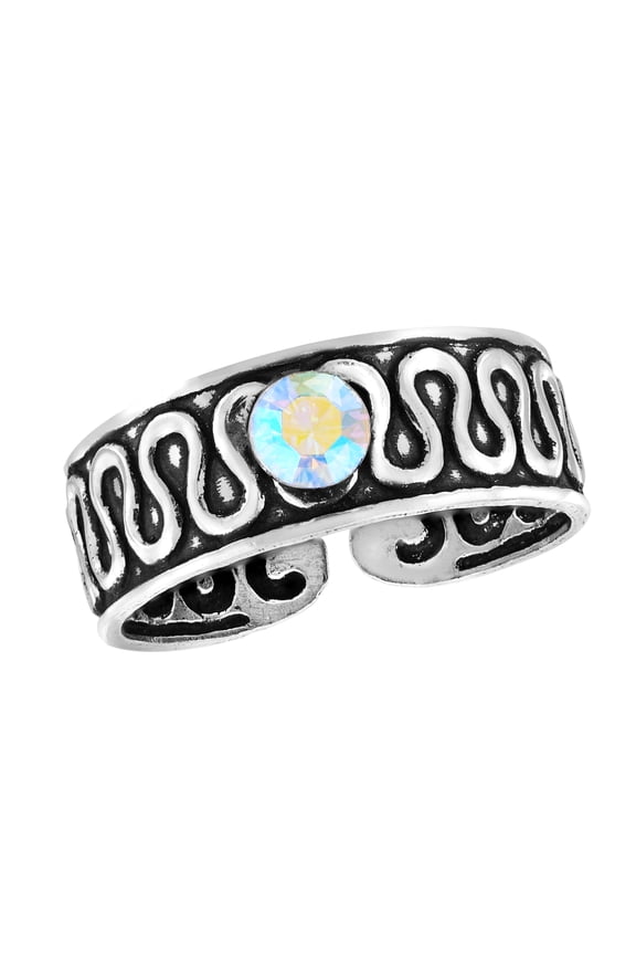 Bali-Chic Abstract Wave White Rainbow Crystal Sterling Silver Toe or Pinky Ring for Female Anniversary