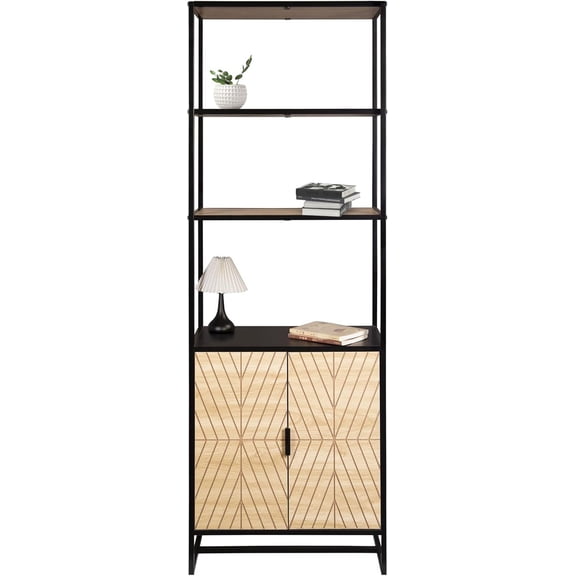 Bali Coastal Modern 6-Tier Book Shelf with Storage, Black with Natural Wood