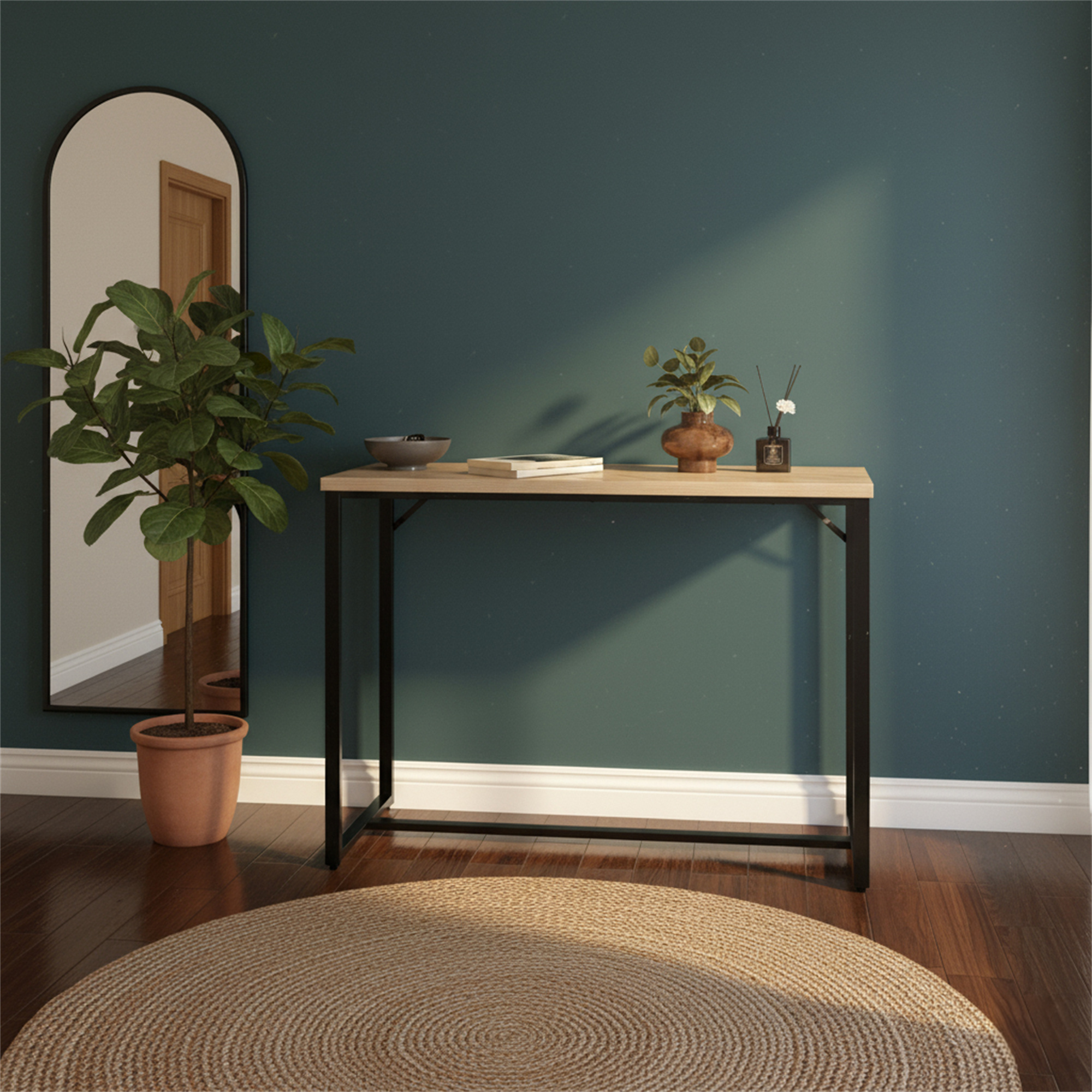 Bali Coastal Modern Console Table Natural Wood Top with Black Metal Legs