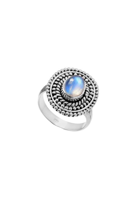 Bali Design 925 Sterling Silver Rainbow Moonstone Ring Size 6