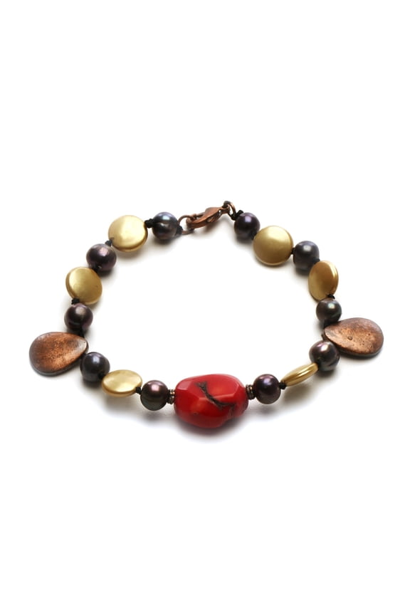 Bohemian Red Turquoise Pearl Bracelet with Olivine Disks - 8 Inch Layering Statement Jewelry Bracelet