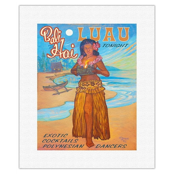 Bali Hai - Kauai Hawaii - Luau Tonight - Exotic Cocktails Polynesian Dancers - Vintage Hawaiian Travel Poster by Rick Sharp - Fine Art Rolled Canvas Print 11in x 14in