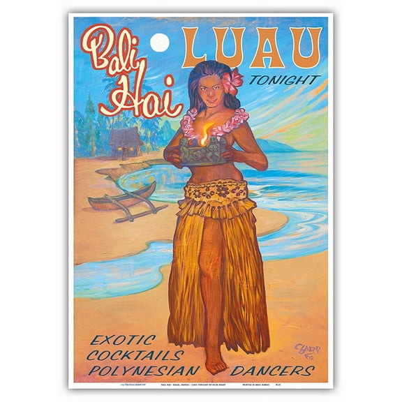 Bali Hai - Kauai Hawaii - Luau Tonight - Exotic Cocktails Polynesian Dancers - Vintage Hawaiian Travel Poster by Rick Sharp - Master Art Print 10in x 14in