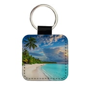 Bali Indonesia Beach Ocean Palm Trees Faux Leather Square Keychain