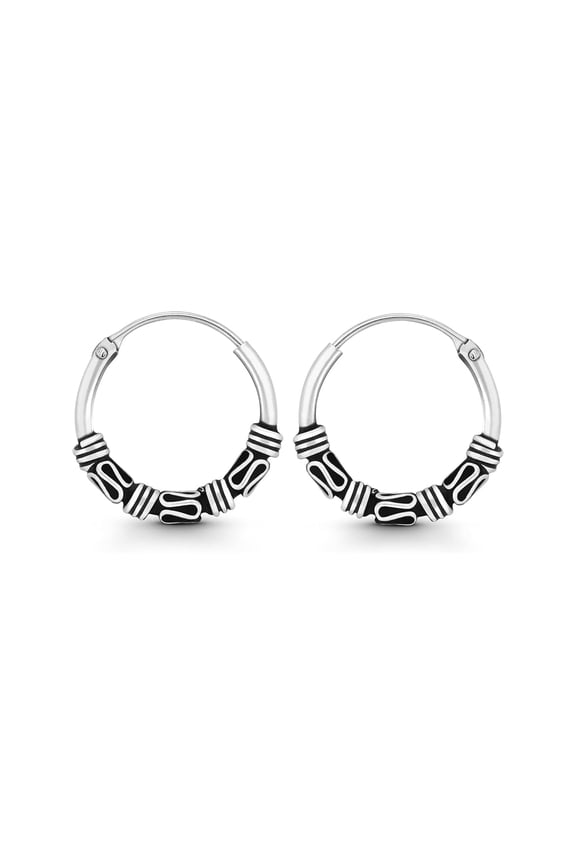 Bali-Inspired Tribal Coil and Ball Hoop Earrings in 925 Sterling Silver | Artistic Boho Jewelry for Women | Lightweight Vintage Earrings