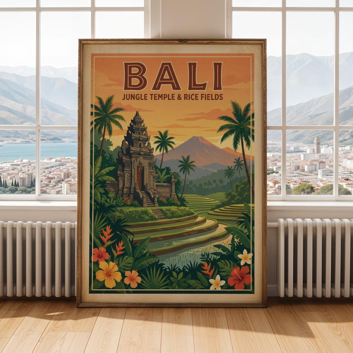 Yellow Temple Bali Jungle Temple Rice Fields Poster, Retro Travel Vector, Terracotta ...
