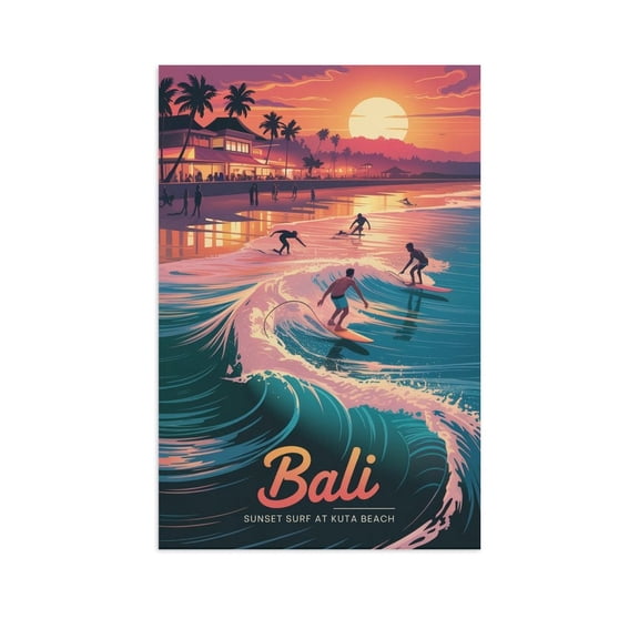 Bali Kuta Beach Modern Travel Poster Sunset Surf Ocean Waves Coastal Tropical Wall Art Contemporary Beach Decor Canvas Poster