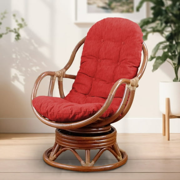 Bali Lounge Swivel Rocking Chair with Burgundy Cushion Natural Rattan Wicker Handmade, Colonial Color