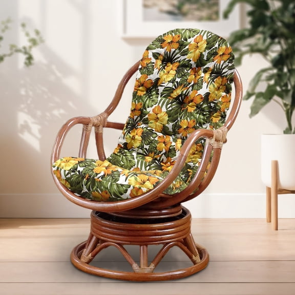 Bali Lounge Swivel Rocking Chair with Floral Cushion Rattan Wicker Handmade, Colonial Color
