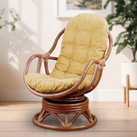 Bali Lounge Swivel Rocking Chair with Light Brown Cushion Natural Rattan Wicker Handmade, Colonial Color
