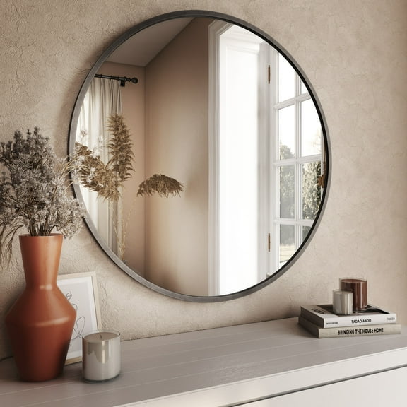 Open Box Bali Modern Round Wall Mirror - 32" Gray