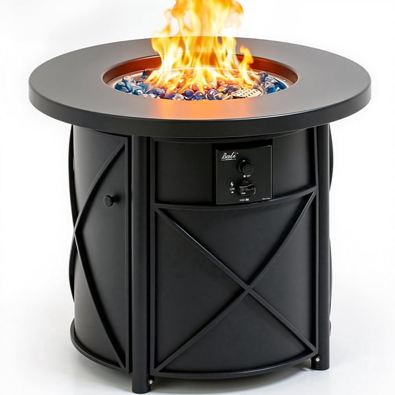 Bali Outdoors 30" Round Gas Fire Pit Table 50000 BTU Fire Column for Outside Backyard, Patio, Black