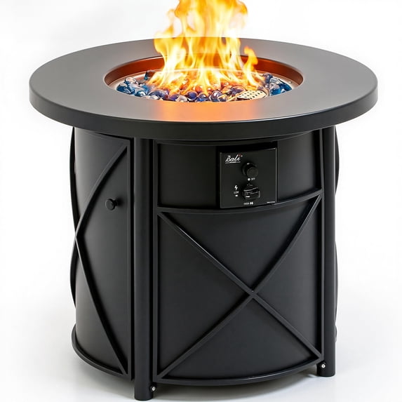 Bali Outdoors 30" Round Gas Fire Pit Table 50000 BTU Fire Column for Outside Backyard, Patio, Black