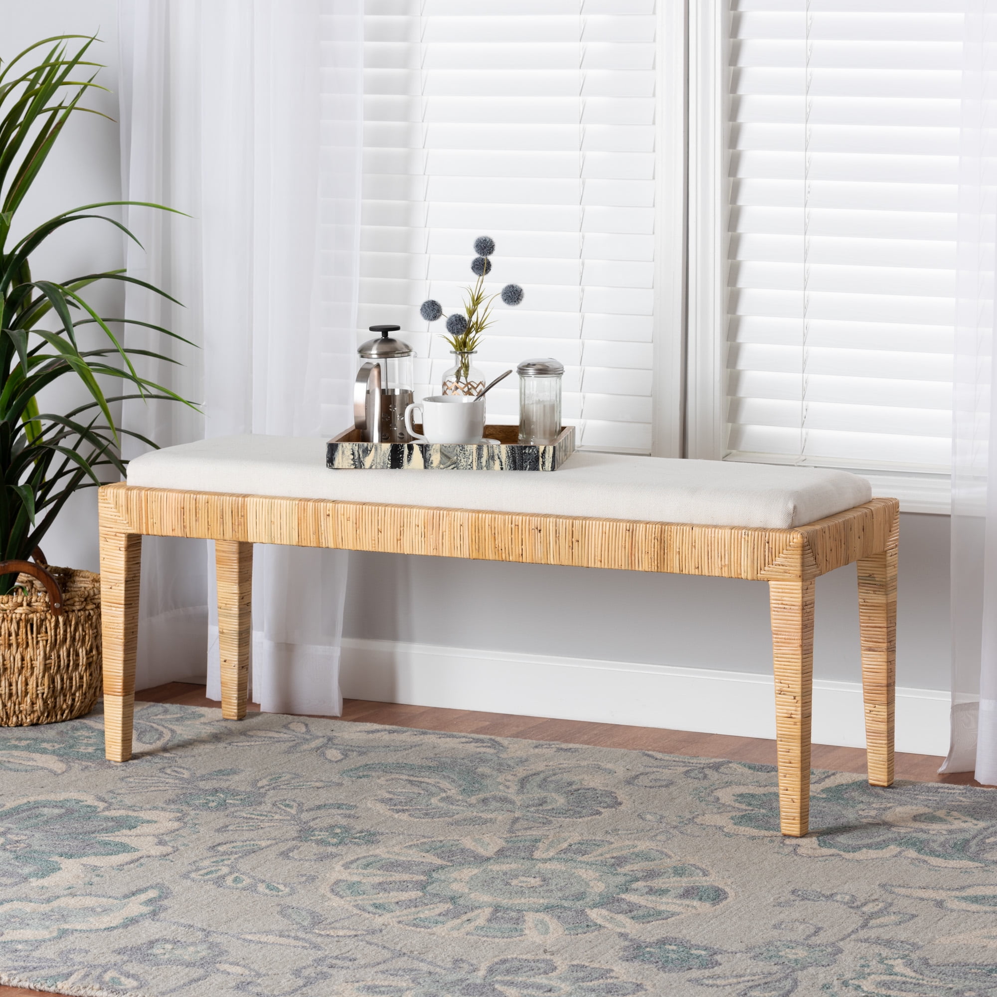Bali & Pari Sofia Rattan and Mahogany Wood Boho Indoor Bench, Natural Brown